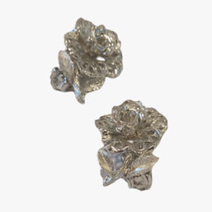 Vintage earrings, Clip on, Silvertone, Rose, Leaves, Stem, Vintage jewelry